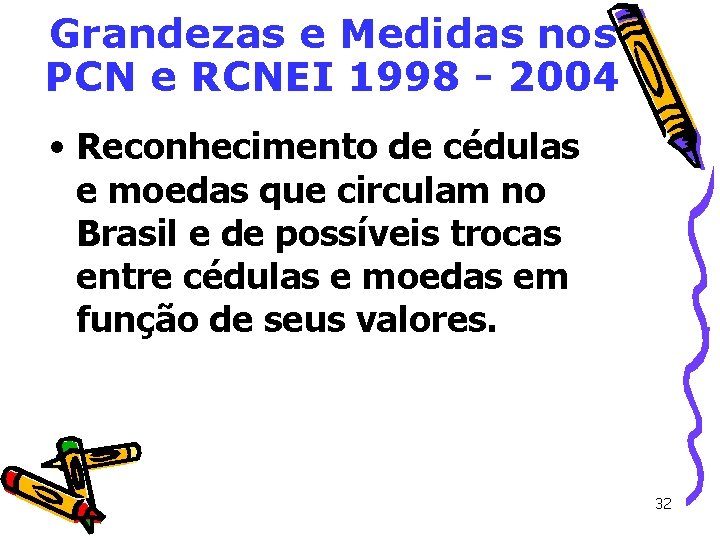Grandezas e Medidas nos PCN e RCNEI 1998 - 2004 • Reconhecimento de cédulas Grandezas e Medidas nos PCN e RCNEI 1998 - 2004 • Reconhecimento de cédulas