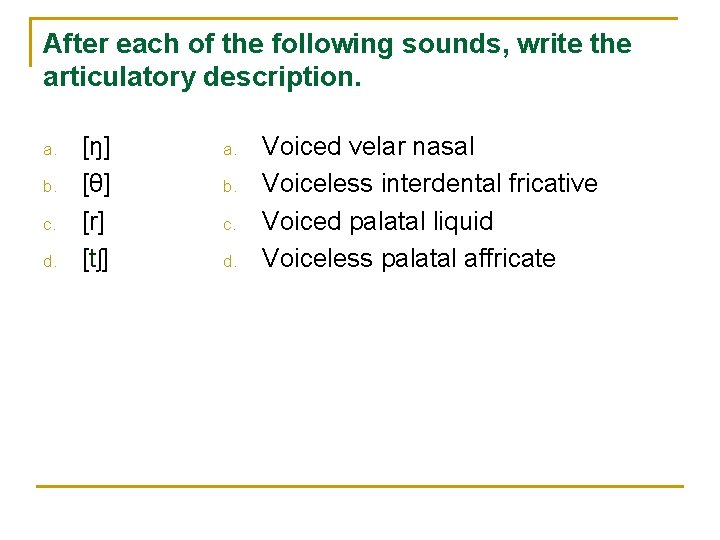 After each of the following sounds, write the articulatory description. a. b. c. d.