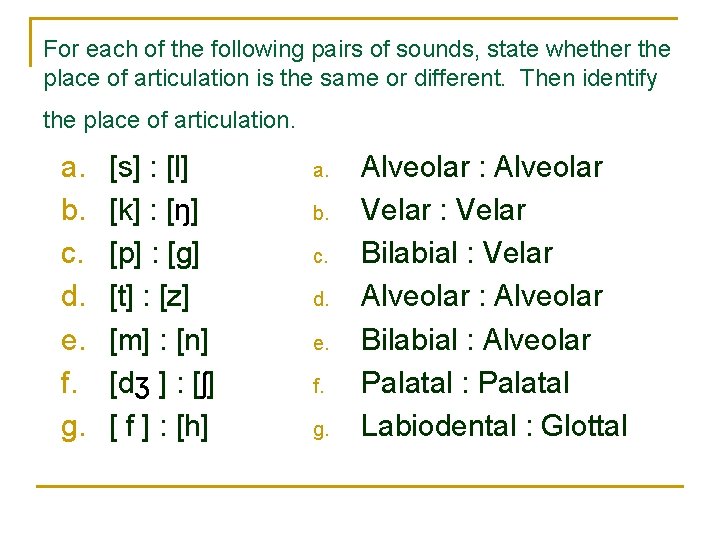 For each of the following pairs of sounds, state whether the place of articulation