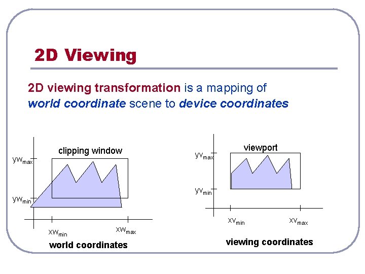2 D Viewing 2 D viewing transformation is a mapping of world coordinate scene