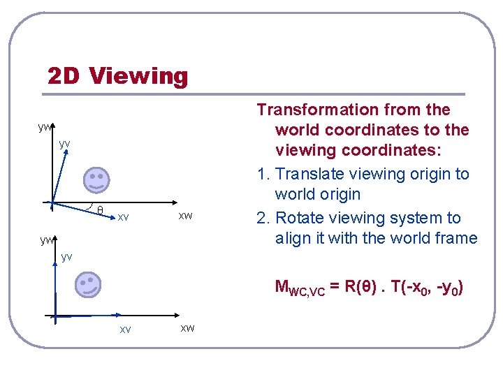 2 D Viewing yw yv θ xv xw yw Transformation from the world coordinates