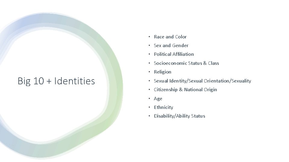  • Race and Color • Sex and Gender • Political Affiliation • Socioeconomic