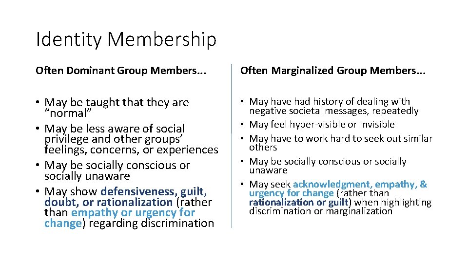 Identity Membership Often Dominant Group Members. . . Often Marginalized Group Members. . .