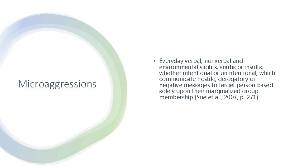 Microaggressions • Everyday verbal, nonverbal and environmental slights, snubs or insults, whether intentional or