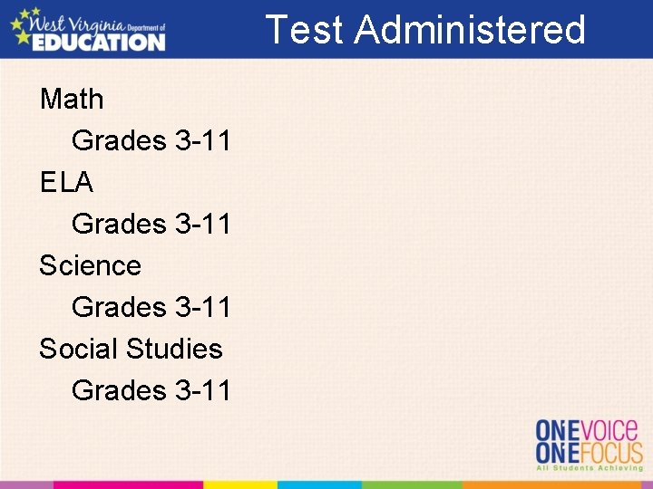 Test Administered Math Grades 3 -11 ELA Grades 3 -11 Science Grades 3 -11