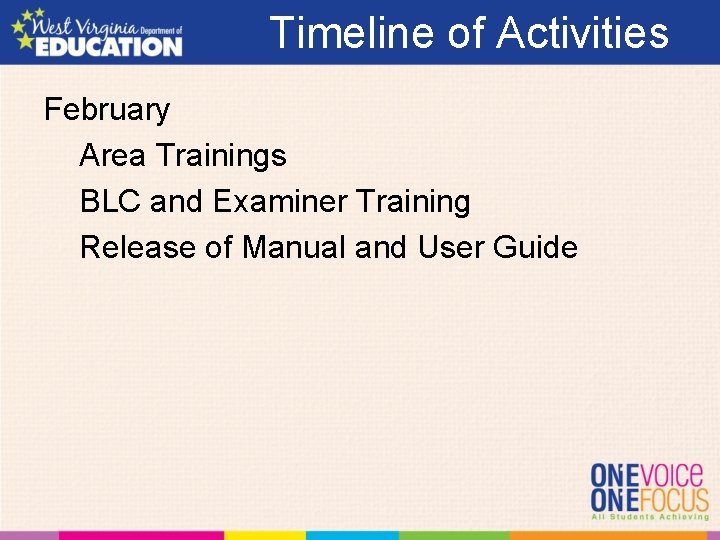 Timeline of Activities February Area Trainings BLC and Examiner Training Release of Manual and