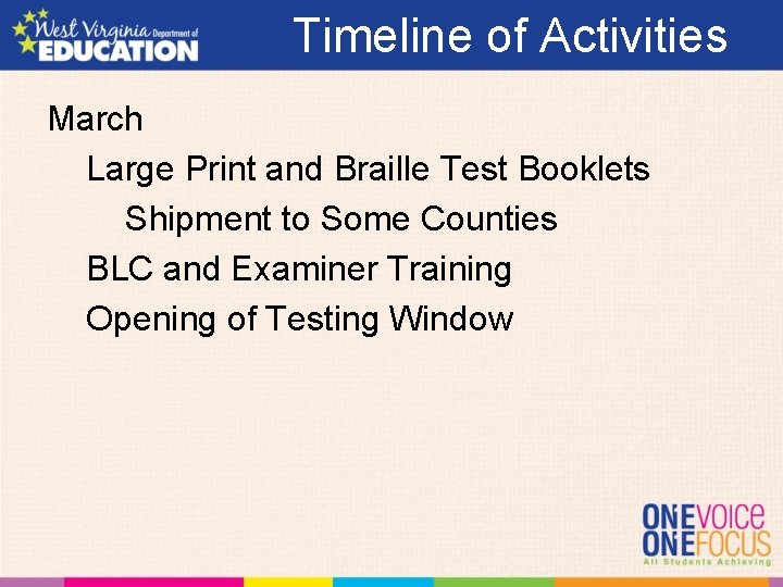 Timeline of Activities March Large Print and Braille Test Booklets Shipment to Some Counties