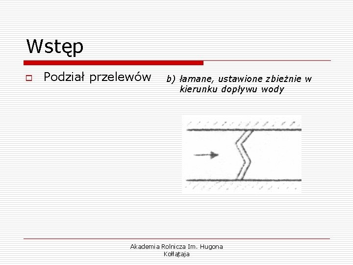 Wstęp o Podział przelewów b) łamane, ustawione zbieżnie w kierunku dopływu wody Akademia Rolnicza
