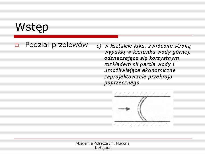 Wstęp o Podział przelewów c) w kształcie łuku, zwrócone stroną wypukłą w kierunku wody