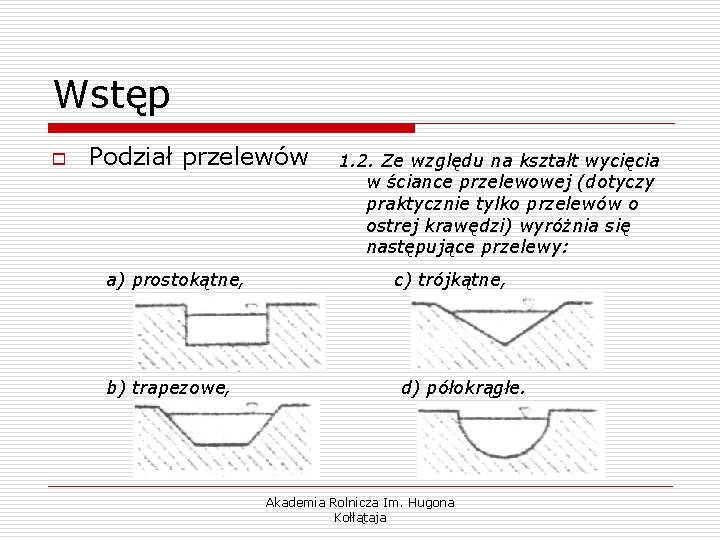 Wstęp o Podział przelewów a) prostokątne, b) trapezowe, 1. 2. Ze względu na kształt