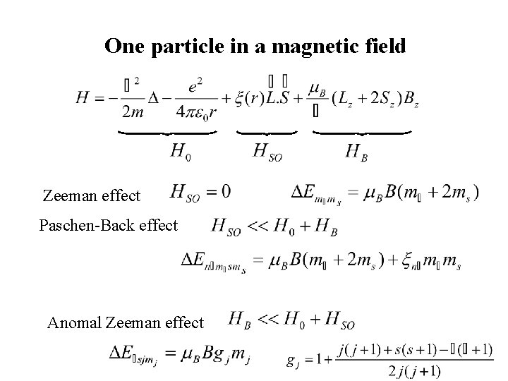 One particle in a magnetic field Zeeman effect Paschen-Back effect Anomal Zeeman effect 