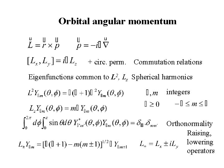 Orbital angular momentum + circ. perm. Commutation relations Eigenfunctions common to L 2, Lz