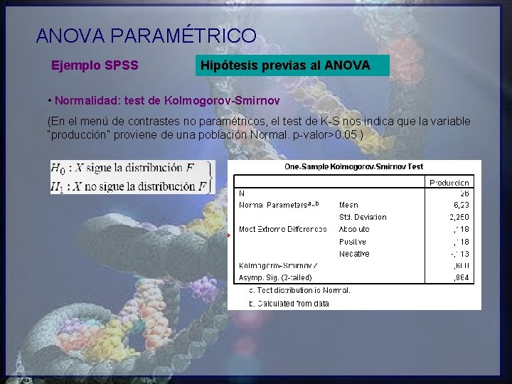 ANOVA PARAMÉTRICO Ejemplo SPSS Hipótesis previas al ANOVA • Normalidad: test de Kolmogorov-Smirnov (En