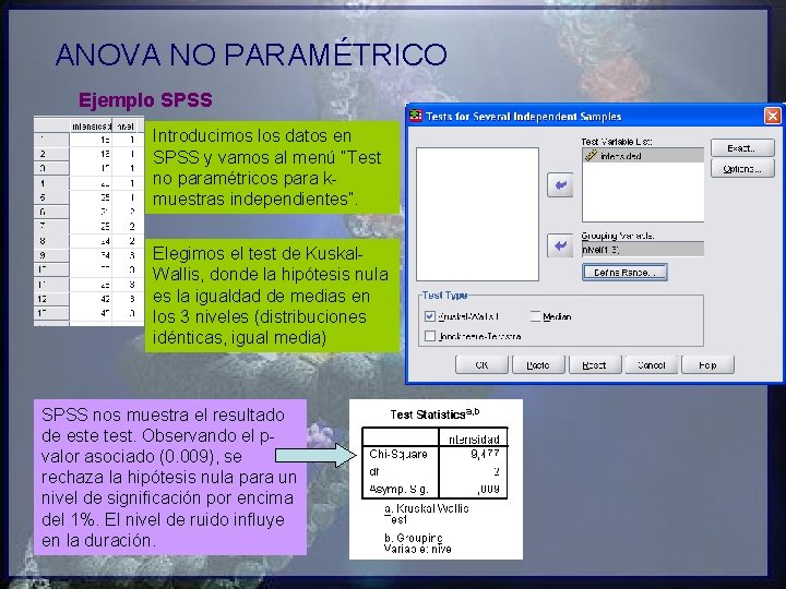 ANOVA NO PARAMÉTRICO Ejemplo SPSS Introducimos los datos en SPSS y vamos al menú