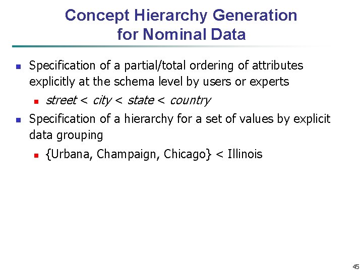 Concept Hierarchy Generation for Nominal Data n Specification of a partial/total ordering of attributes