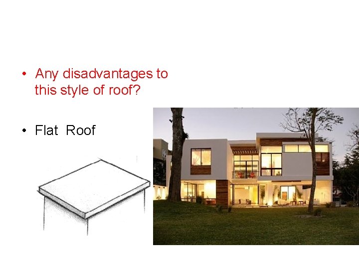  • Any disadvantages to this style of roof? • Flat Roof 
