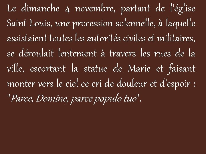 Le dimanche 4 novembre, partant de l'église Saint Louis, une procession solennelle, à laquelle