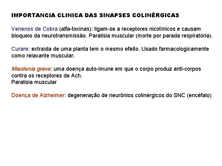 IMPORTANCIA CLINICA DAS SINAPSES COLINÉRGICAS Venenos de Cobra (alfa-toxinas): ligam-se a receptores nicotínicos e