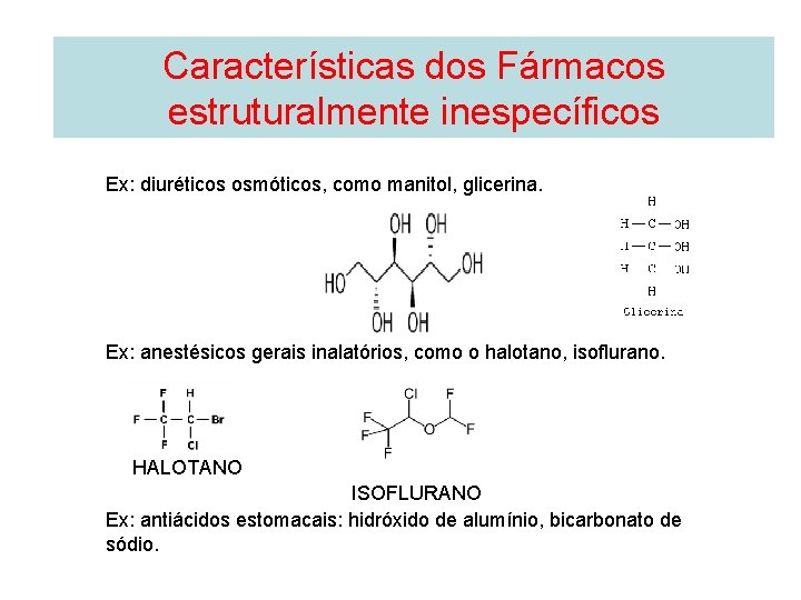 Características dos Fármacos estruturalmente inespecíficos Ex: diuréticos osmóticos, como manitol, glicerina. Ex: anestésicos gerais