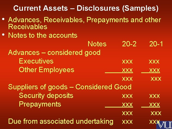 Current Assets – Disclosures (Samples) • • Advances, Receivables, Prepayments and other Receivables Notes