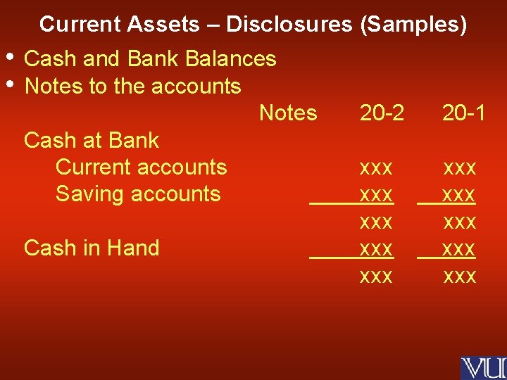 Current Assets – Disclosures (Samples) • • Cash and Bank Balances Notes to the