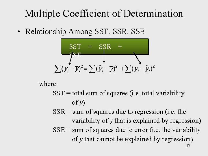 Multiple Coefficient of Determination • Relationship Among SST, SSR, SSE SST SSE = SSR