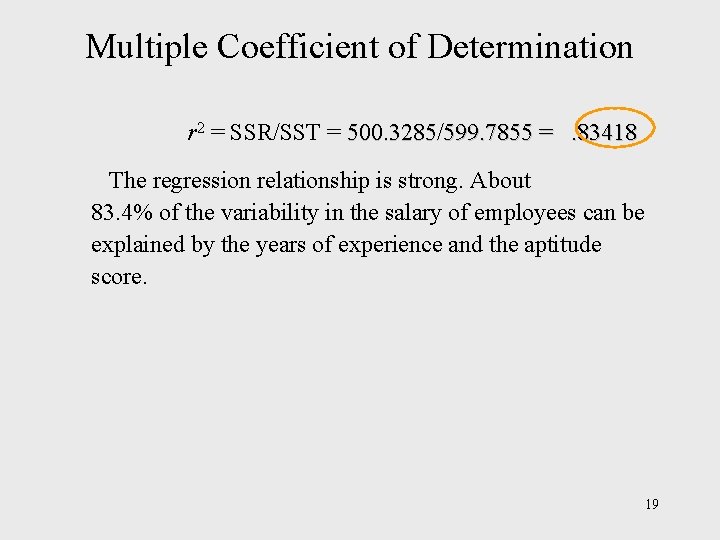 Multiple Coefficient of Determination r 2 = SSR/SST = 500. 3285/599. 7855 =. 83418