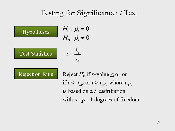 Testing for Significance: t Test Hypotheses Test Statistics Rejection Rule Reject H 0 if