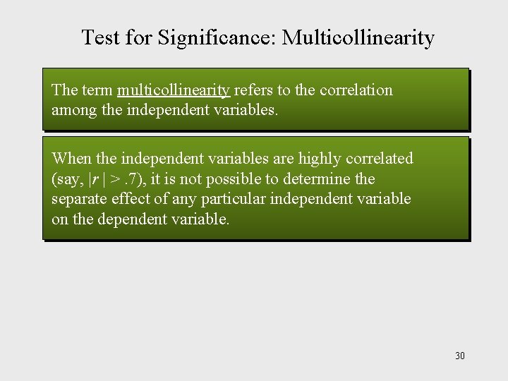 Test for Significance: Multicollinearity The term multicollinearity refers to the correlation among the independent