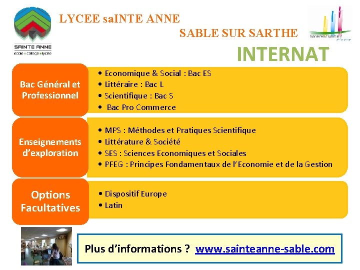 LYCEE sa. INTE ANNE SABLE SUR SARTHE INTERNAT Bac Général et Professionnel • Economique