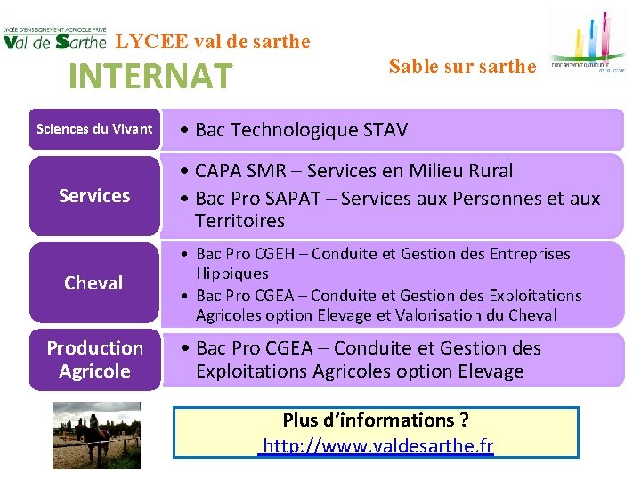 LYCEE val de sarthe INTERNAT Sciences du Vivant Services Cheval Production Agricole Sable sur