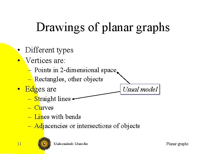 Drawings of planar graphs • Different types • Vertices are: – Points in 2