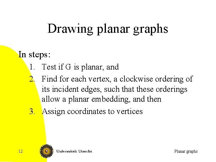 Drawing planar graphs In steps: 1. Test if G is planar, and 2. Find