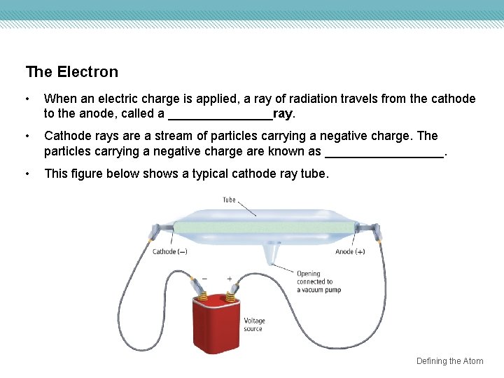 The Electron • When an electric charge is applied, a ray of radiation travels