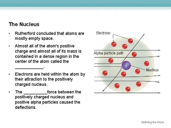 The Nucleus • Rutherford concluded that atoms are mostly empty space. • Almost all