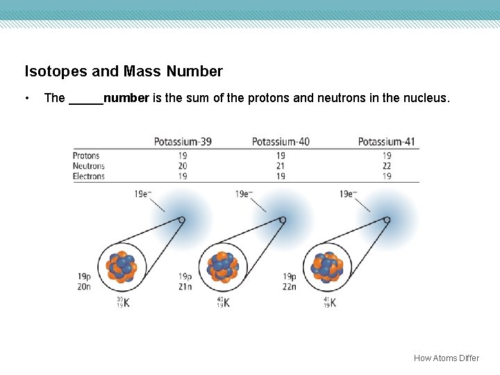 Isotopes and Mass Number • The _____number is the sum of the protons and