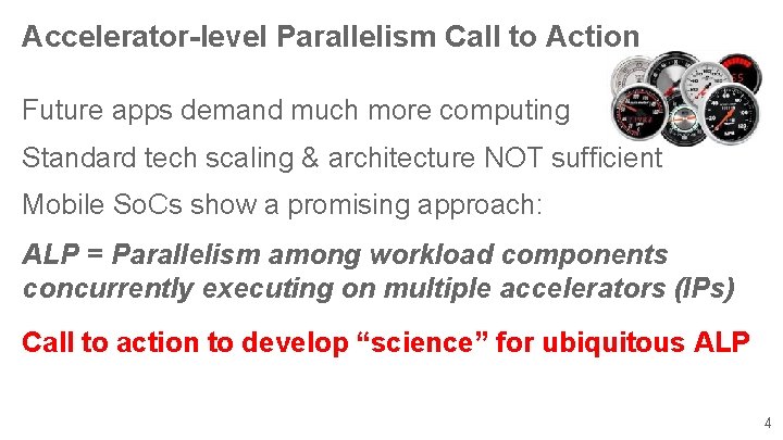 Accelerator-level Parallelism Call to Action Future apps demand much more computing Standard tech scaling