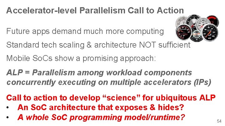 Accelerator-level Parallelism Call to Action Future apps demand much more computing Standard tech scaling