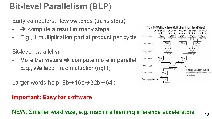 Bit-level Parallelism (BLP) Early computers: few switches (transistors) • compute a result in many