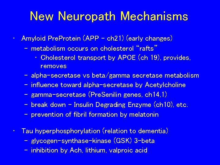 New Neuropath Mechanisms • Amyloid Pre. Protein (APP - ch 21) (early changes) – New Neuropath Mechanisms • Amyloid Pre. Protein (APP - ch 21) (early changes) –