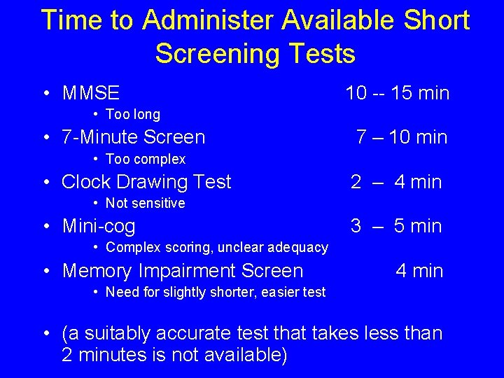 Time to Administer Available Short Screening Tests • MMSE 10 -- 15 min • Time to Administer Available Short Screening Tests • MMSE 10 -- 15 min •