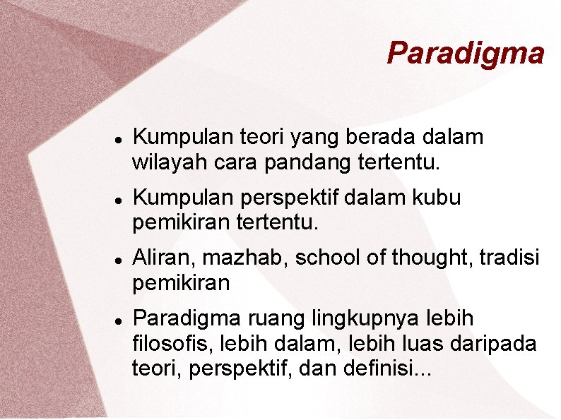Paradigma Kumpulan teori yang berada dalam wilayah cara pandang tertentu. Kumpulan perspektif dalam kubu