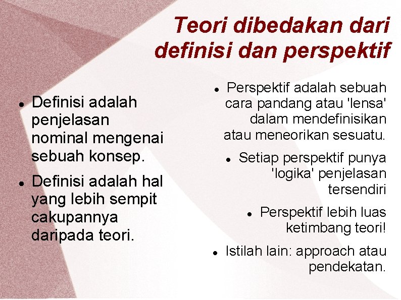 Teori dibedakan dari definisi dan perspektif Definisi adalah penjelasan nominal mengenai sebuah konsep. Perspektif