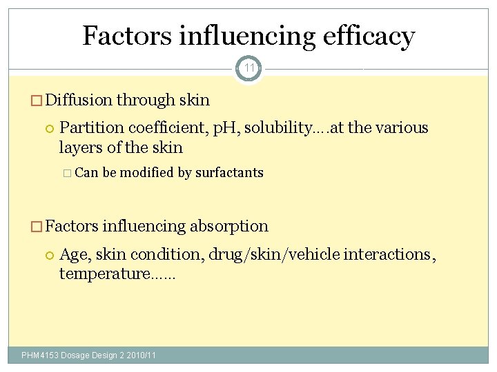 Factors influencing efficacy 11 � Diffusion through skin Partition coefficient, p. H, solubility…. at