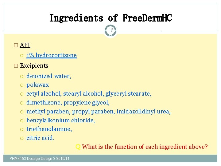 Ingredients of Free. Derm. HC 16 � API 1% hydrocortisone � Excipients deionized water,