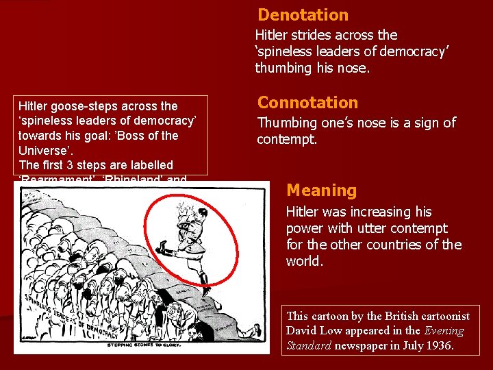 Denotation Hitler strides across the ‘spineless leaders of democracy’ thumbing his nose. Hitler goose-steps