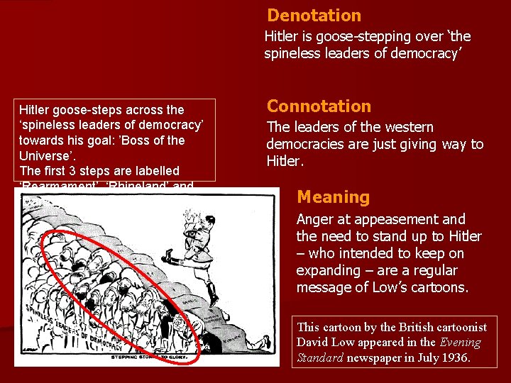 Denotation Hitler is goose-stepping over ‘the spineless leaders of democracy’ Hitler goose-steps across the
