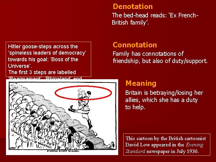 Denotation The bed-head reads: ‘Ex French. British family’. Hitler goose-steps across the ‘spineless leaders