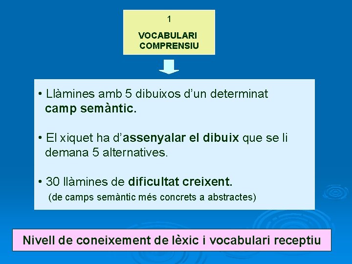 1 VOCABULARI COMPRENSIU • Llàmines amb 5 dibuixos d’un determinat camp semàntic. • El