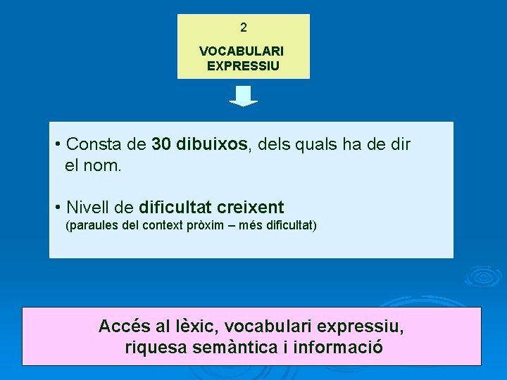 2 VOCABULARI EXPRESSIU • Consta de 30 dibuixos, dels quals ha de dir el